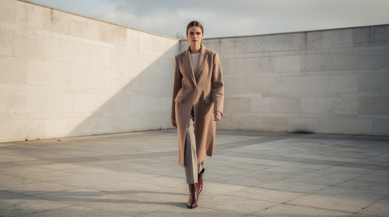 Fashion editorial photo of a model in a tailored coat